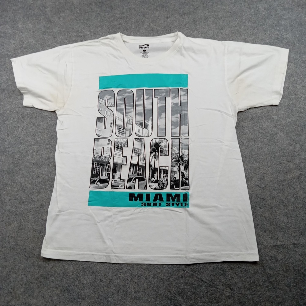 Surf Style Shirt Mens Large White Graphic Tee T-Shirt Florida South Beach Miami